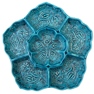 Handpainted Turquoise and Teal Ceramic Snack Tray with Flower-Shaped Design