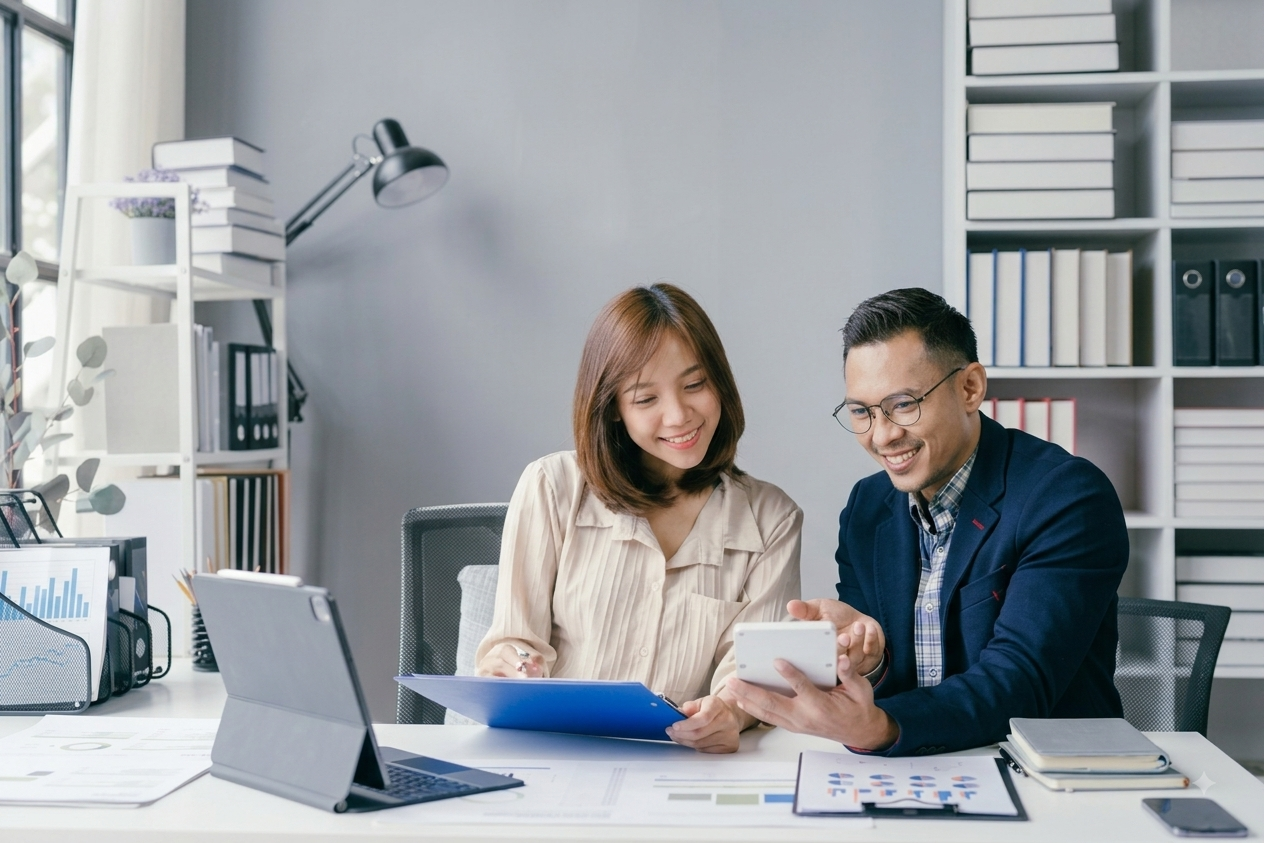Two professionals collaborating at an organized office desk